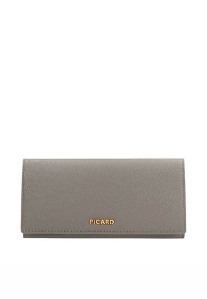 Graue strukturierte Lederbrieftasche mit goldenem "PICARD"-Logo, zentriert auf der Vorderklappe vor weißem Hintergrund.
