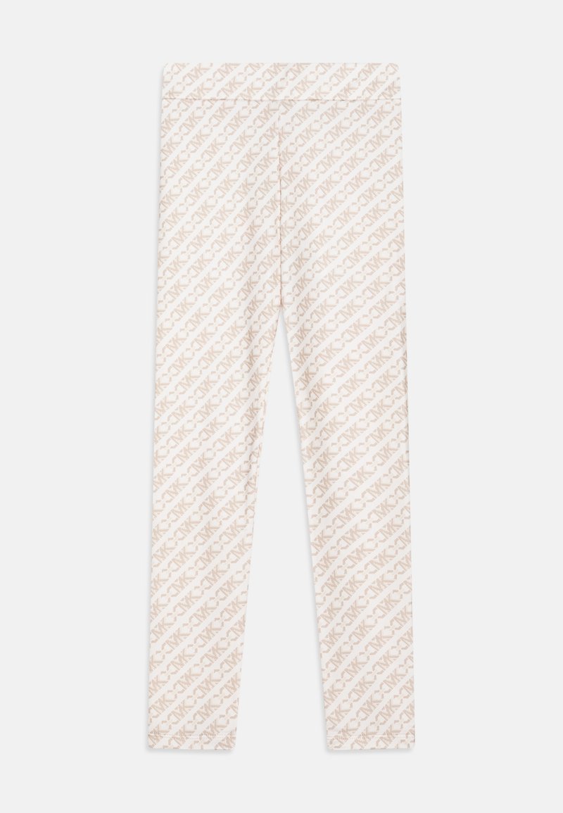 Leggings in a light beige color featuring an all-over patterned design with diagonal text. Made from a stretchy, comfortable material.