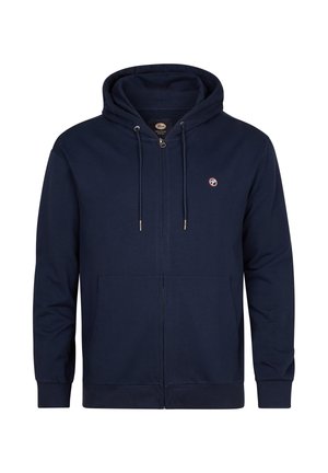 Marineblauer Kapuzenpullover mit Reißverschluss aus weichem Stoff, mit Kapuze, Kordelzug, zwei Fronttaschen und einem Logo auf der Brust.