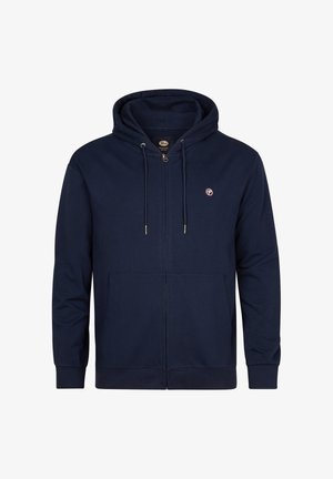 Navyblauwe hoodie met rits, gemaakt van zachte stof, voorzien van een capuchon, trekkoorden, twee zakken aan de voorkant en een logo op de borst.