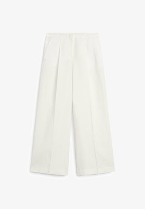 Hvide bukser med vide ben, forstærkede folder foran, sidelommer og høj talje, vist på hvid baggrund.