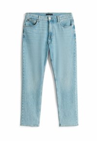 Jeans in denim azzurro chiaro con vestibilità dritta, cinque tasche e leggera scoloritura. Presentano un bottone metallico e dettagli di cucitura.