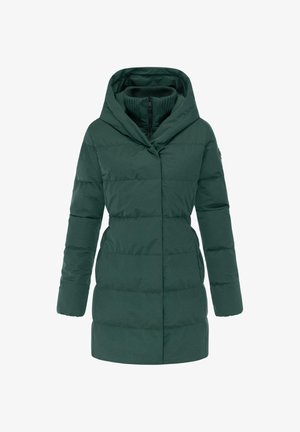 Dunkelgrüne Daunenjacke mit Kapuze, vertikalen Nähten, Reißverschluss und zwei Seitentaschen. Weicher Griff und mittellanges Design.