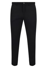 Zwarte op maat gemaakte broek van gladde stof. Voorzien van een knoopsluiting en standaardzakken, met een recht model en zonder zichtbare patronen.