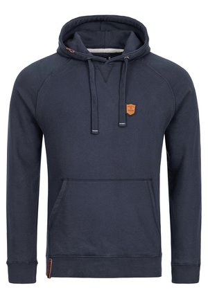 Sudadera azul marino de algodón, con un bolsillo tipo canguro, capucha ajustable con cordón y un parche de cuero en el pecho.