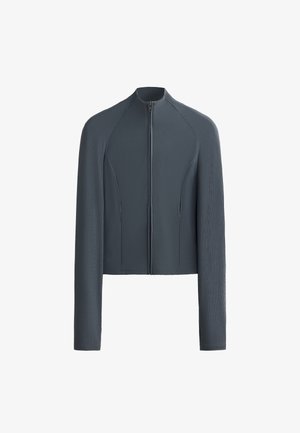 Jachetă gri cu fermoar, cu mâneci lungi, textură ribbed și panouri netede. Are guler înalt și un design ajustat, cu buzunare laterale.