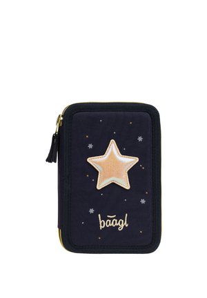 Kleine dunkelblaue Reißverschlusstasche mit goldenem Stern-Patch, verstreuten kleinen Sternen und „baagl“-Logo in goldener Stickerei vorne.