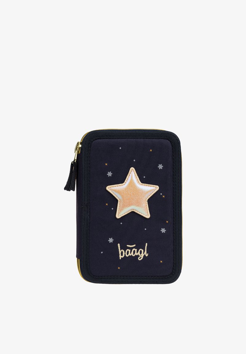 Small navy blue zip pouch with gold star patch, scattered small stars, and "baagl" logo in gold embroidery on front.