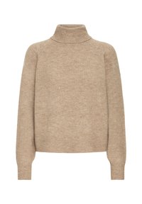 Maglione beige a collo alto realizzato in morbido tessuto a maglia. Presenta maniche raglan, colletto e polsini a coste, con una vestibilità rilassata.