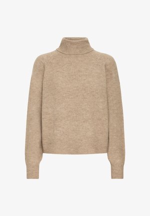 Pull en beige col roulé en maille douce. Présente des manches raglan, un col et des poignets côtelés avec une coupe décontractée.