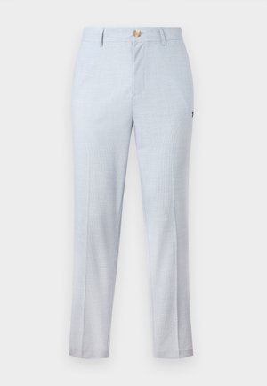 Jasnoniebieskie spodnie materiałowe o klasycznym kroju, proste nogawki, kieszenie z przodu i zapięcie na guzik. Subtelny wzór.