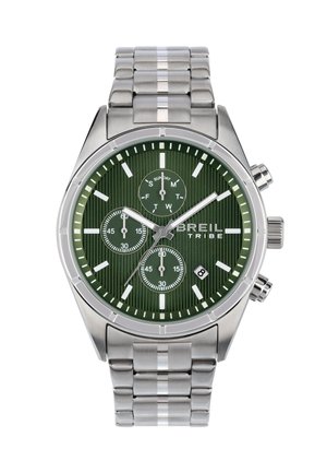 Herrenarmbanduhr aus Edelstahl mit grünem Zifferblatt, drei Hilfszifferblättern, Datumsanzeige sowie silbernen Stundenmarkierungen und -zeigern.