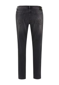 Jean en denim noir avec une coupe slim, cinq poches et un design simple. Le tissu semble légèrement texturé avec un minimum de détails.