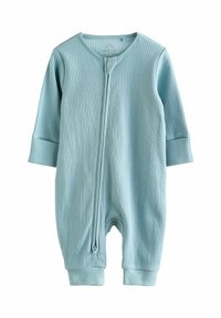 Hellblauer gerippter Baby-Overall mit langen Ärmeln, einem Rundhalsausschnitt und einem Reißverschluss vorne. Bündchen an den Handgelenken und Knöcheln. Weicher Stoff.