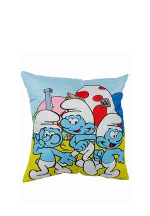 Cuscino quadrato con cartoni animati dei Puffi su uno sfondo blu e giallo; tessuto morbido, stampa colorata con accenti rossi, rosa e verdi.