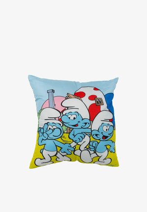 Cuscino quadrato con cartoni animati dei Puffi su uno sfondo blu e giallo; tessuto morbido, stampa colorata con accenti rossi, rosa e verdi.