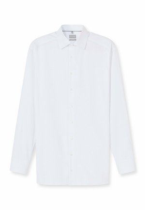 Weißes langärmeliges Hemd mit Knopfleiste und klassischem Kragen, mit glatter Textur und Standard-Knopfverschlüssen entlang der Vorderseite.