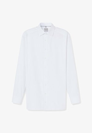 White long-sleeve button-up shirt with a classic collar, featuring a smooth texture and standard button fastenings along the front.