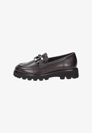 Dark brown leather loafer with chunky black sole and silver metal chain detail on the vamp, side view on white background.