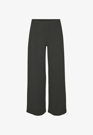 Pantalons à large jambe en tissu gris foncé uni. Présentent une taille haute et une texture lisse sans motifs ni détails matériels visibles.