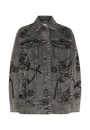 Veste en denim noir délavé avec boutons sur le devant, deux poches poitrine, poches latérales et broderie florale noire sur le devant et les manches.