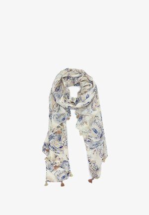 Sciarpa leggera realizzata in morbido tessuto, con uno sfondo crema decorato da motivi paisley blu e frange decorative in beige e marrone.