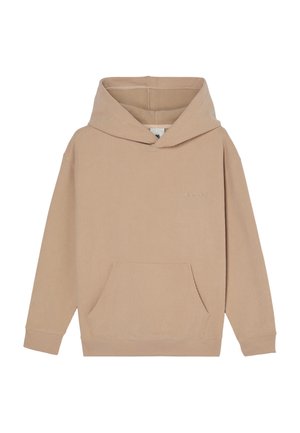 Beige geribde hoodie met lange mouwen, voorzakje en capuchon, getoond op een witte achtergrond.