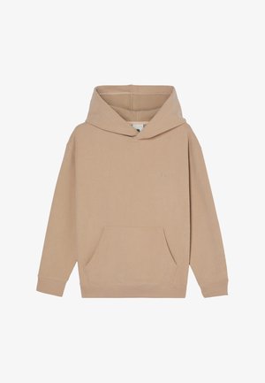 Sweat à capuche côtelé beige avec manches longues, poche kangourou à l'avant et capuche, présenté sur fond blanc.