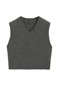 Grijze gebreide vest met een V-hals, mouwloos ontwerp, geribbelde zoom en zachte textuur. Ideaal voor het dragen over shirts of jurken.