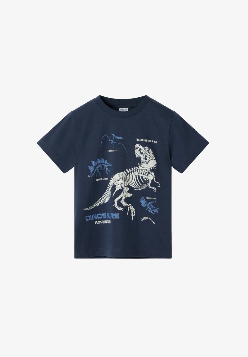 Marineblaues Baumwoll-T-Shirt mit Dinosaurier-Skelett-Grafiken in Hellblau, darunter ein Tyrannosaurus rex, und dem Schriftzug „Dinosaurs Adventure“.