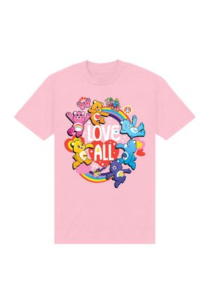 T-shirt à manches courtes rose clair arborant des ours de dessin animé colorés et le texte "AIMEZ TOUS" entouré d'un arc-en-ciel et de symboles de paix.
