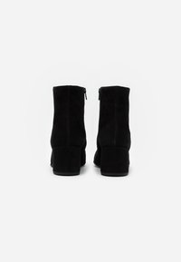 Botines de ante negro con tacón cuadrado, que cuentan con una cremallera en la parte trasera y una textura suave. Diseño simple y estructurado.