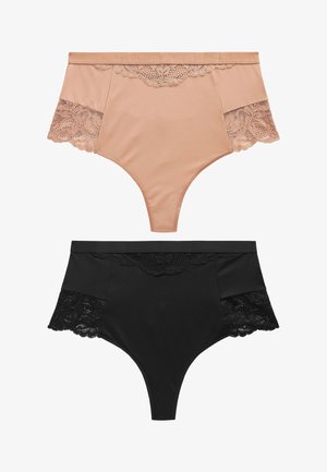 Ensemble de lingerie taille haute, l'un en nude et l'autre en noir. Présente des accents en dentelle le long de la taille et des panneaux latéraux, tissu doux, élastique.