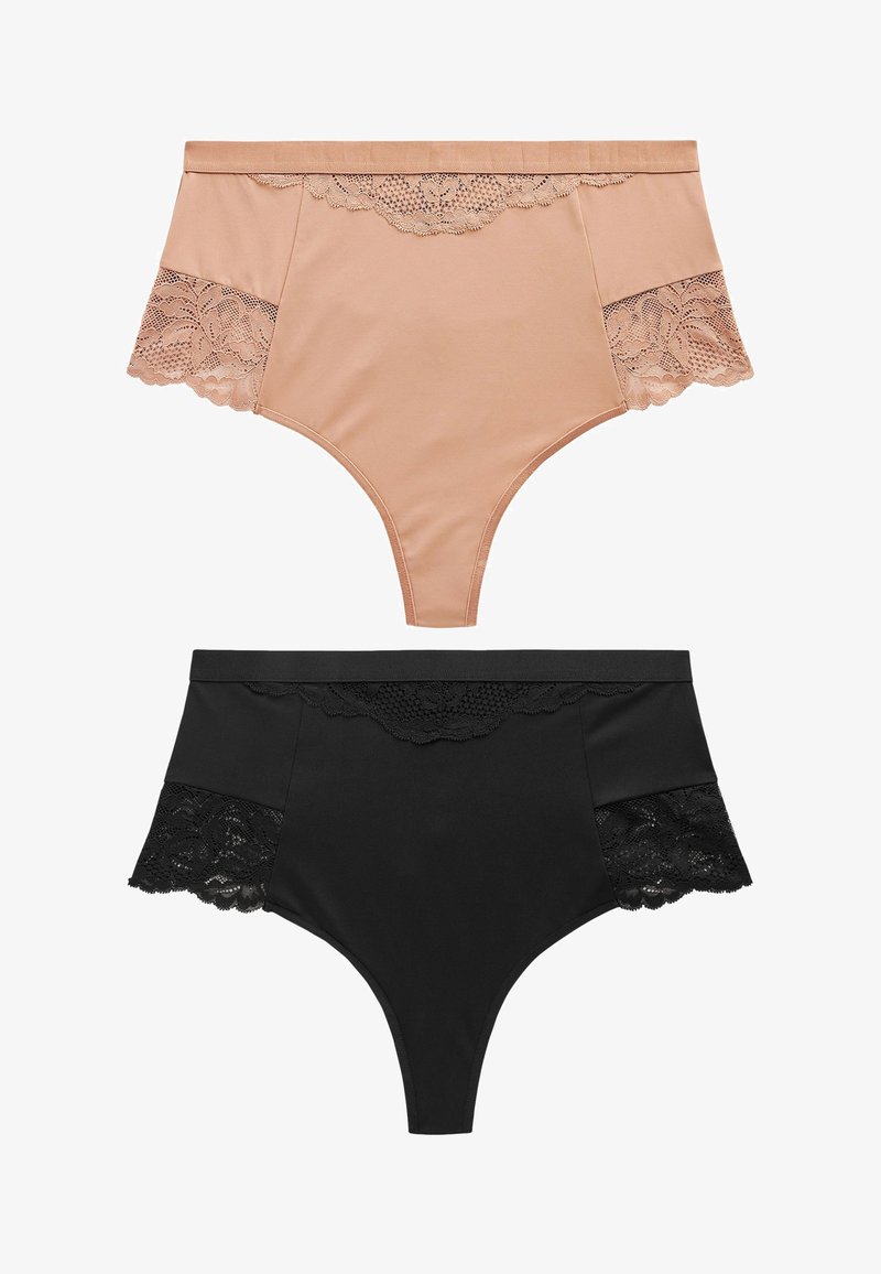 Hoge taille lingerie set, één in nude en één in zwart. Bevat kantaccenten langs de tailleband en zijpanelen, gladde stof, elastisch.