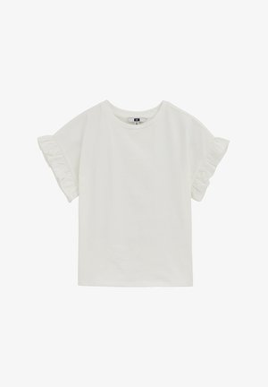 Camiseta blanca de manga corta hecha de algodón, con detalles de volantes en las mangas y cuello redondo. Textura suave con un ajuste relajado.