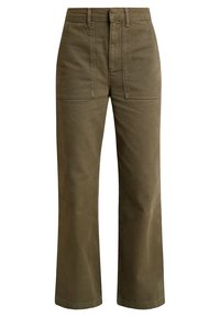 Pantaloni a gamba larga verde oliva con una texture liscia, vita alta, due tasche frontali e cuciture a vista. Realizzati in tessuto di cotone resistente.