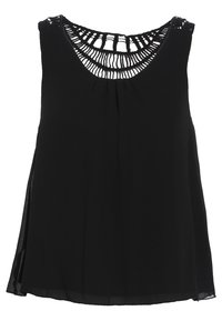 Czarny bezrękawnik z teksturowanym dekoltem z koronkowych splotów, zwiewny krój, miękki materiał i boczne rozcięcia dla większej swobody ruchów.