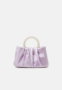 Satin lilac handbag with gathered texture, featuring a circular pearl-accented handle. Compact design with a soft, smooth finish.