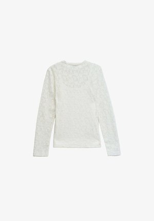 Top blanco ajustado de manga larga con sutil textura de encaje floral y cuello redondo, colocado plano sobre un fondo blanco.