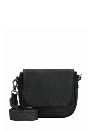Schwarze Leder-Umhängetasche mit Klappenverschluss, glatter Textur und verstellbarem Strap mit geprägtem Branding.
