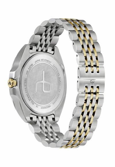 Spatele unui ceas de mână din oțel inoxidabil cu accente aurii, cu logo gravat și detalii despre rezistența la apă, mecanism și sticlă de safir.