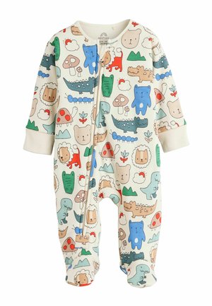 Béžový detský overal s rozopínaním na zips, zdobený farebnými kreslenými zvieratkami, hubami, obláčikmi a rastlinkami v hravom vzore.