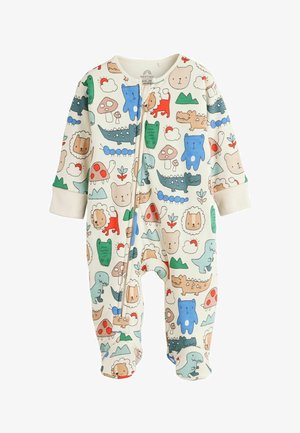 Kremo spalvos kūdikių kombinezonas su užtrauktuku, dekoruotas spalvingais animacinių filmų gyvūnėliais, grybais, debesimis ir augalais žaismingu raštu.