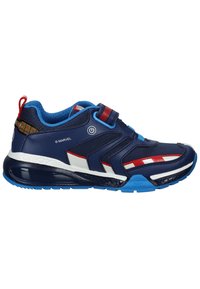 Marineblaue Sportschuhe mit blauen Akzenten, roten und weißen Streifen, einem Klettverschluss und einem gemusterten Obermaterial. Mit Gummisohle und atmungsaktivem Mesh.