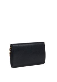 Black leather clutch wallet with embossed design, sleek rectangular shape, gold hardware, and detachable chain strap.