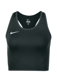 Zwarte Nike sportbeha met een aansluitend ontwerp, racerback bandjes, gladde stof en subtiele witte logo aan de linkerkant. Maat small label zichtbaar.