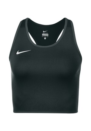 Reggiseno sportivo Nike nero con design aderente, spalline incrociate, tessuto morbido e logo bianco discreto sul lato sinistro. Etichetta di taglia small visibile.