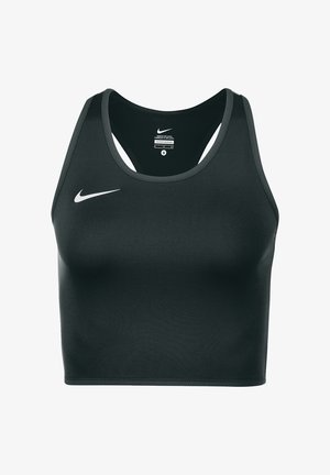 Schwarzer Nike Sport-BH mit enganliegendem Design, Racerback-Trägern, glattem Stoff und subtilem weißen Logo auf der linken Seite. Größe S-Label sichtbar.