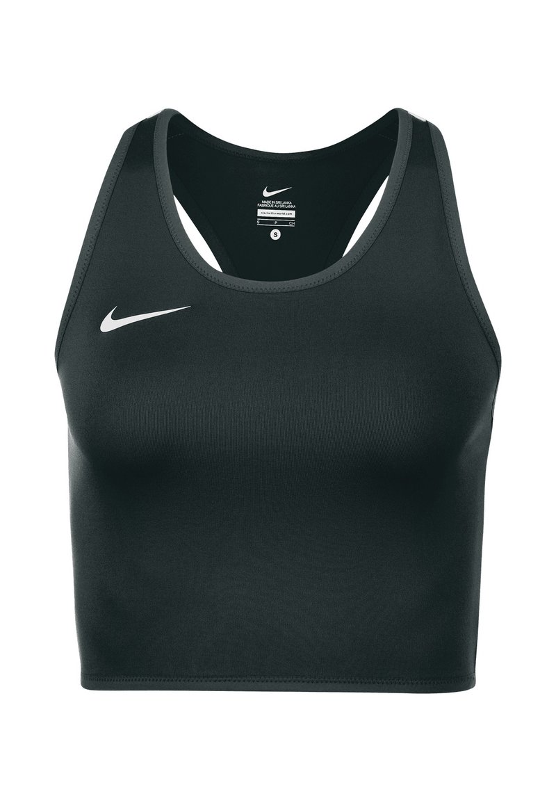 Zwarte Nike sportbeha met een aansluitend ontwerp, racerback bandjes, gladde stof en subtiele witte logo aan de linkerkant. Maat small label zichtbaar.