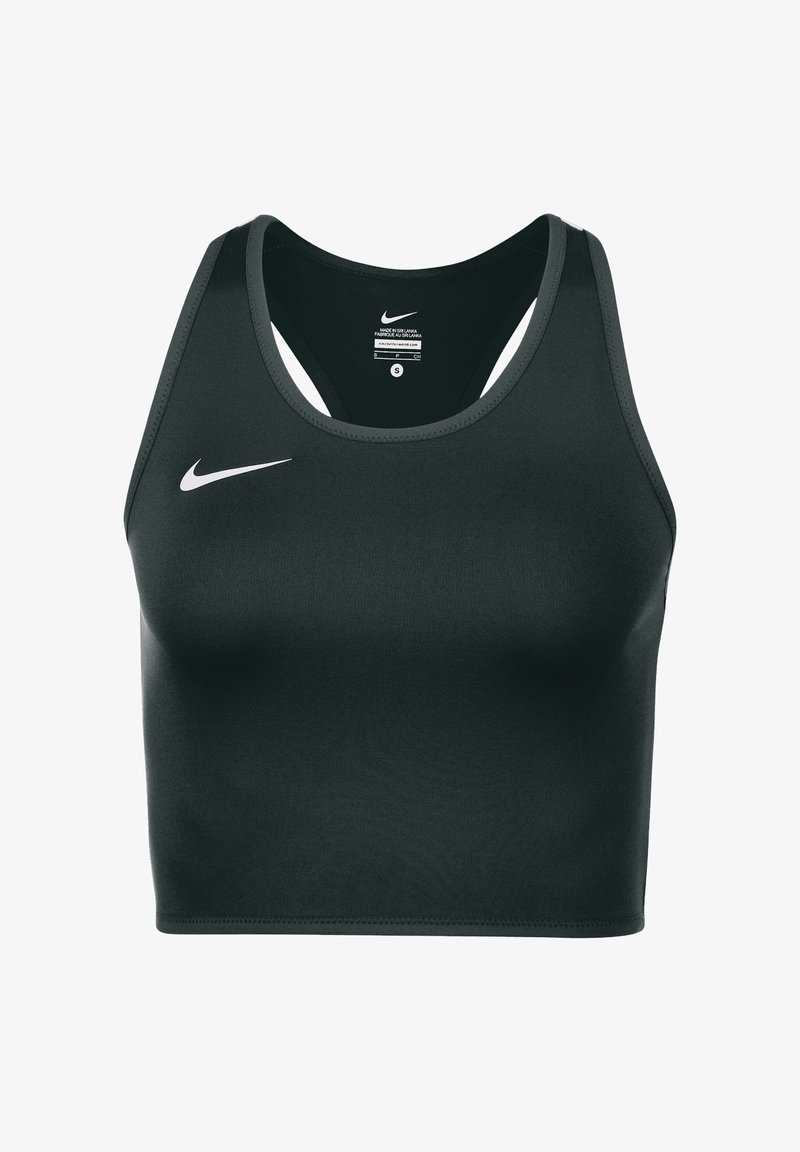 Zwarte Nike sportbeha met een aansluitend ontwerp, racerback bandjes, gladde stof en subtiele witte logo aan de linkerkant. Maat small label zichtbaar.
